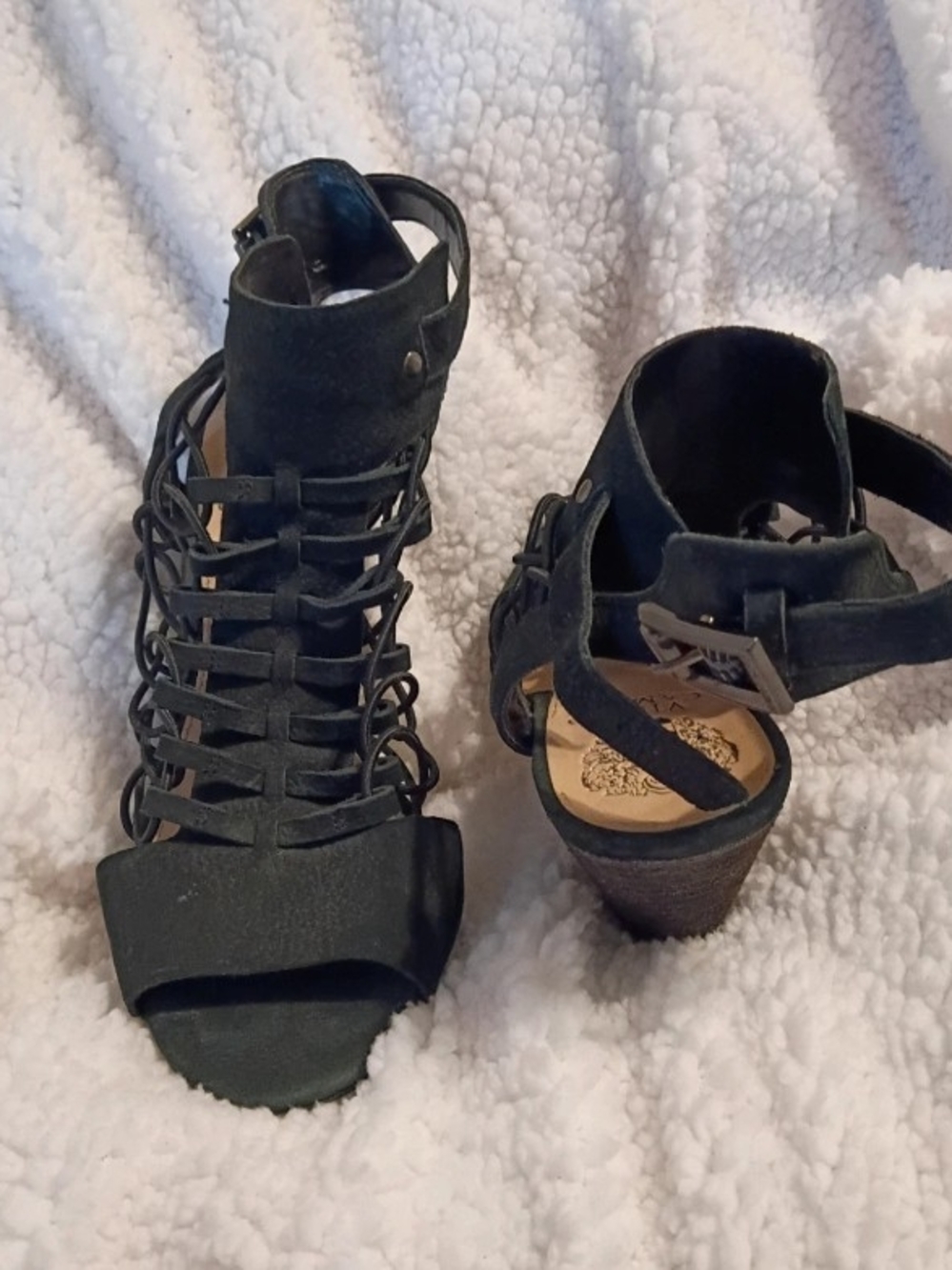 Vince Camuto Black Lace-Up Peep Toe Block Heels